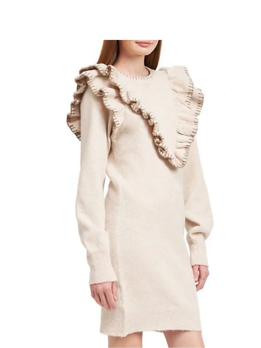 En Saison Beige Ruffled Sweater - Picture 1 of 10